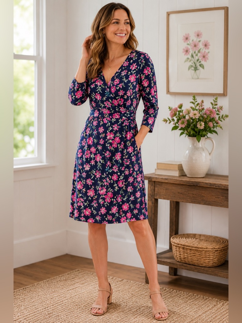 Joules Women’s 14 Navy & Pink Floral Faux Wrap Knit Dress in Jude Print NWT